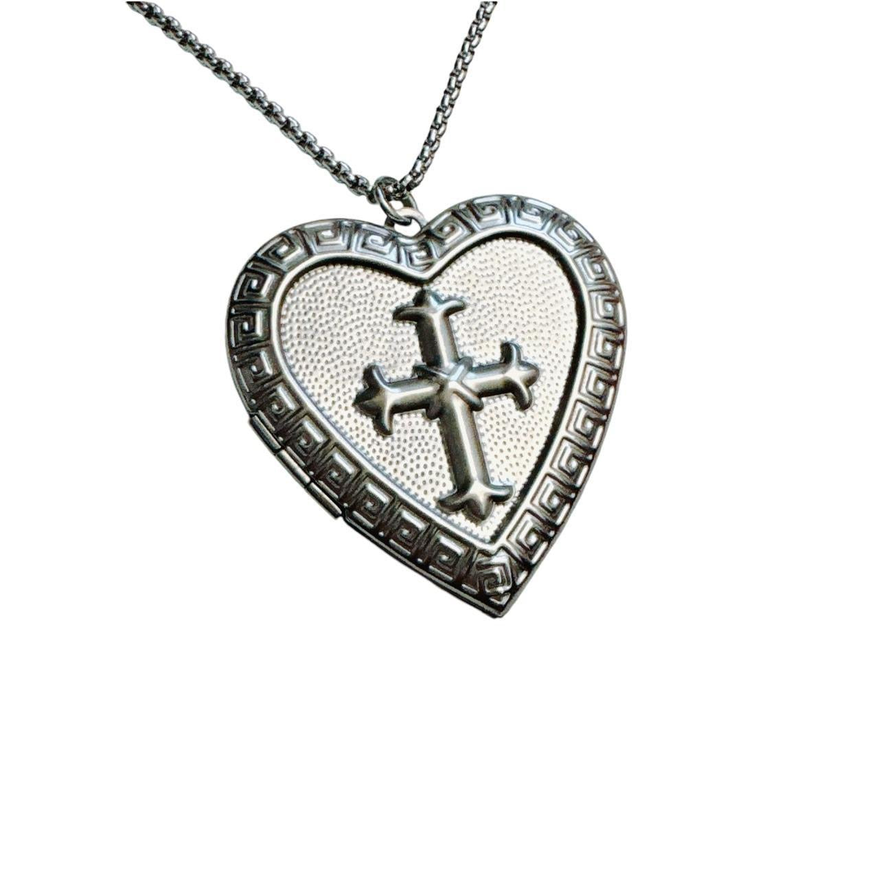 silver large heart cross locket necklace