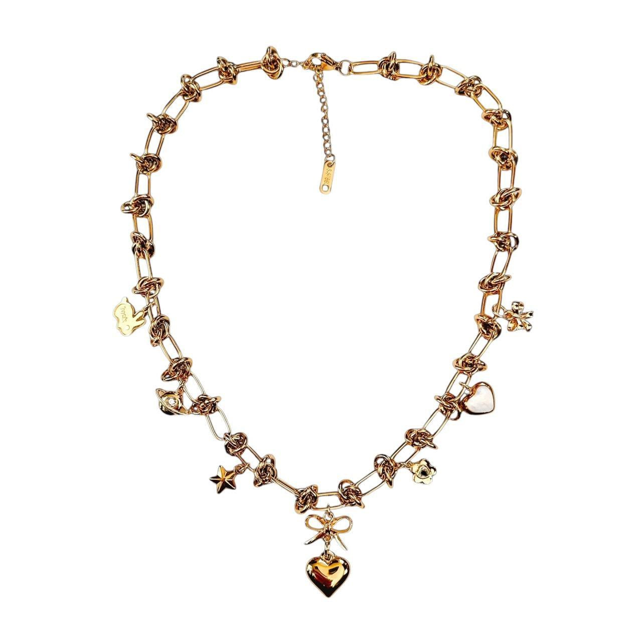 gold chainmail charm necklace - bow & heart