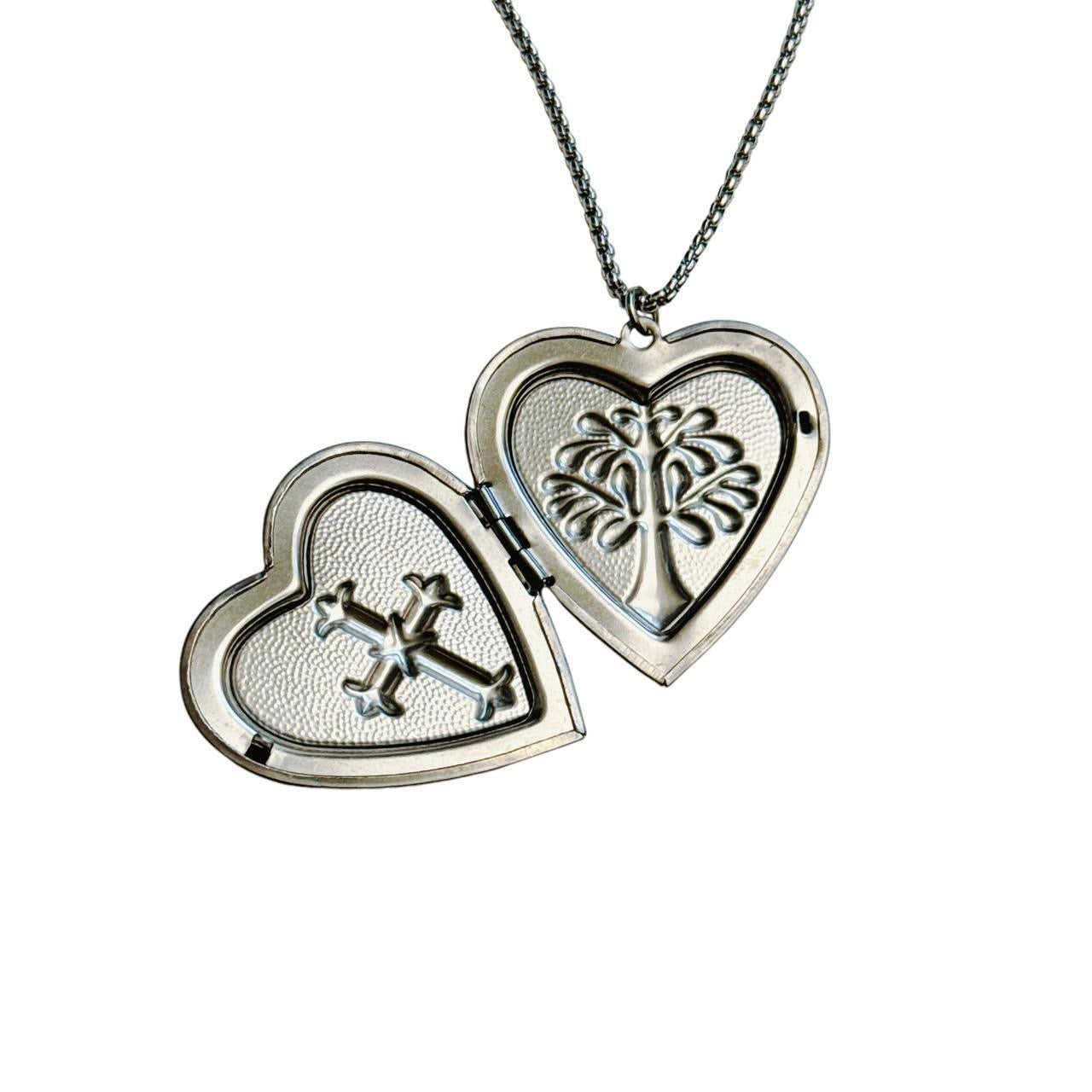 silver large heart cross locket necklace