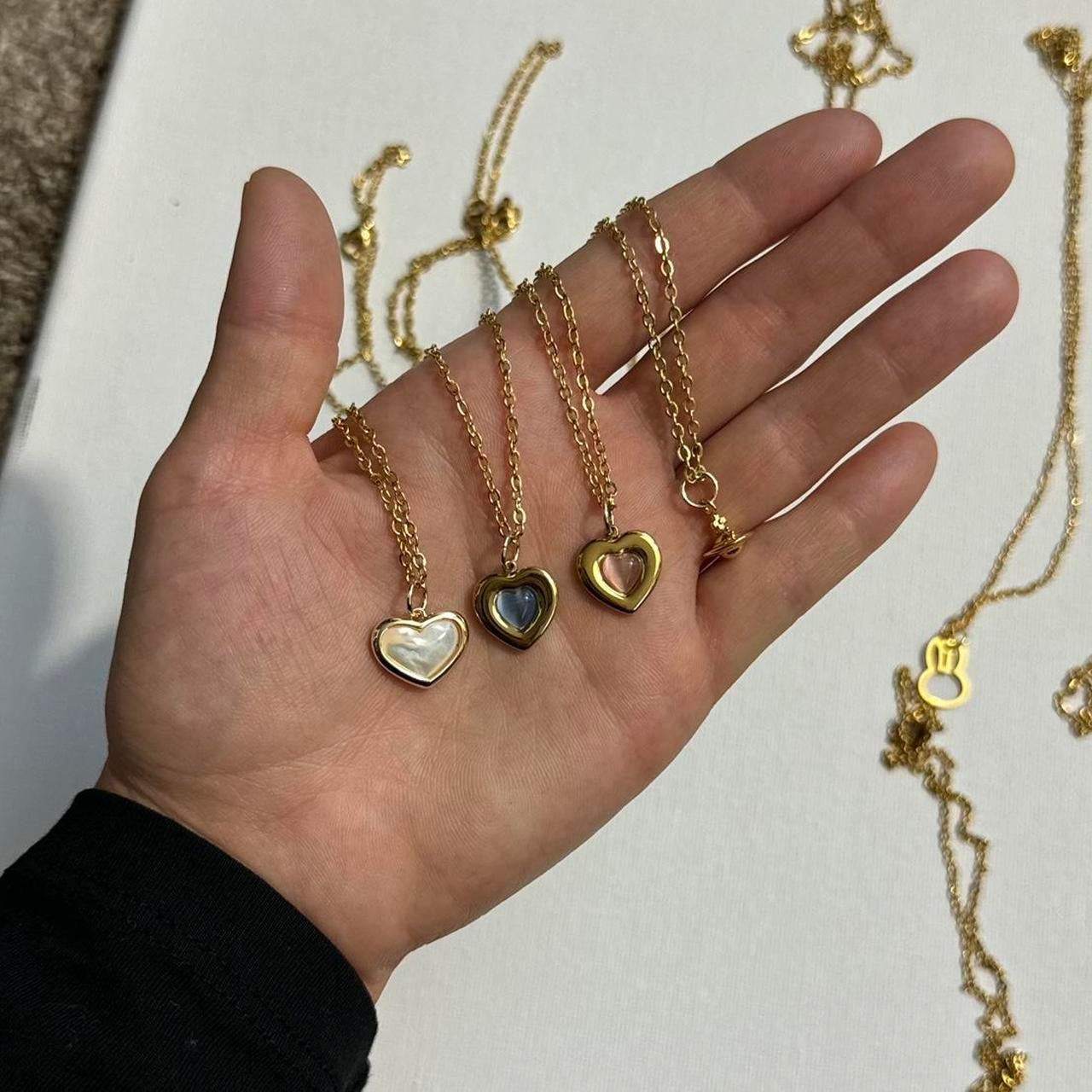 gold pink cats eye heart necklace