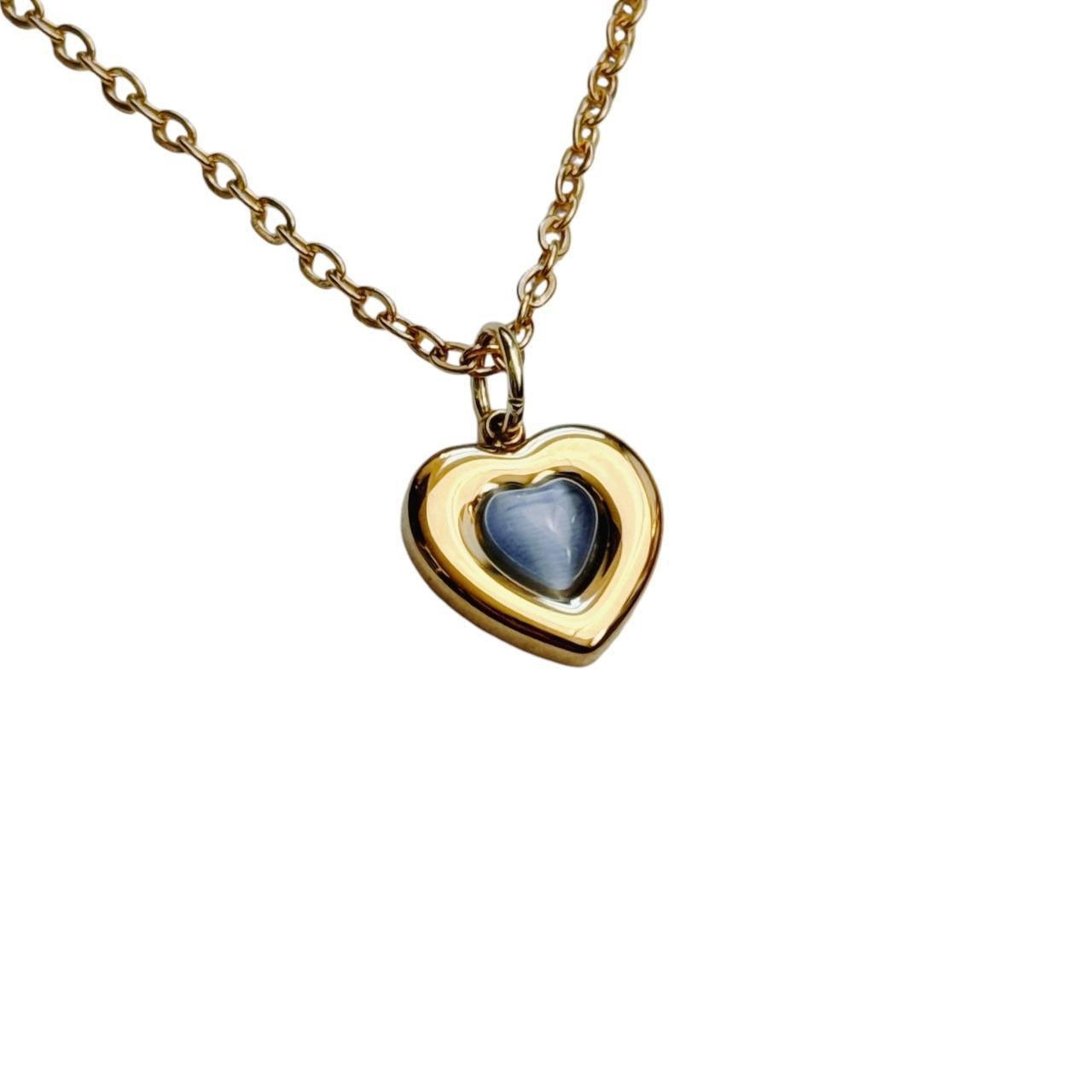 gold blue cats eye heart necklace