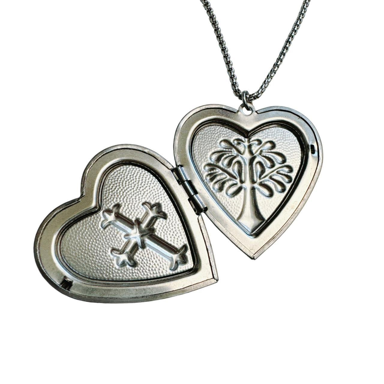 silver large heart cross locket necklace