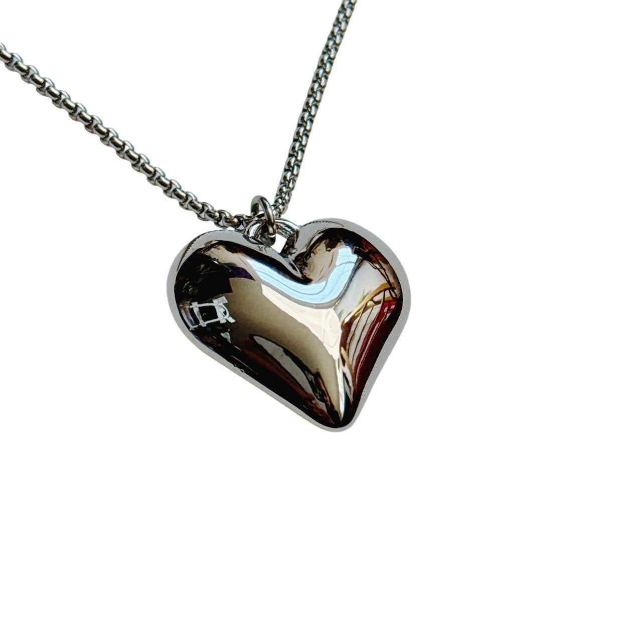 silver large puffy heart necklace