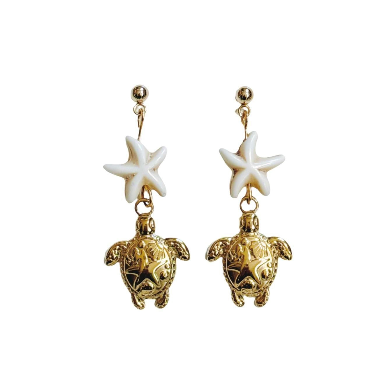 gold starfish sea turtle earrings