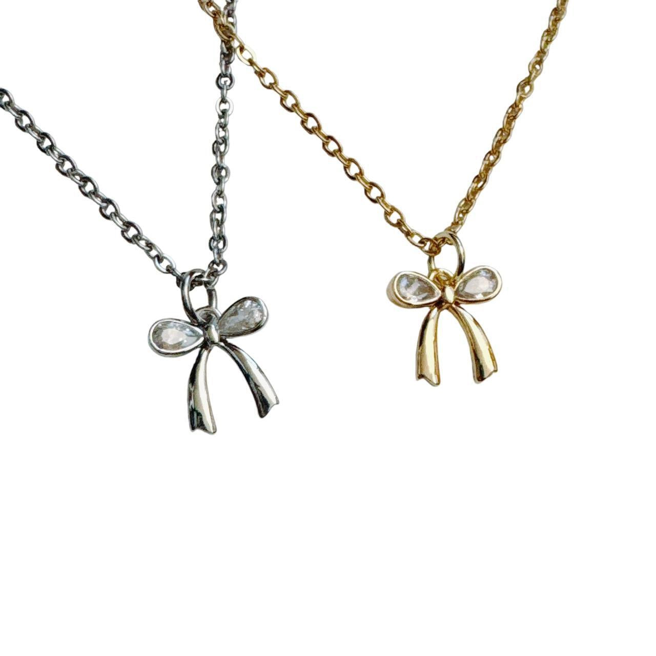 silver rhinestone bow necklace