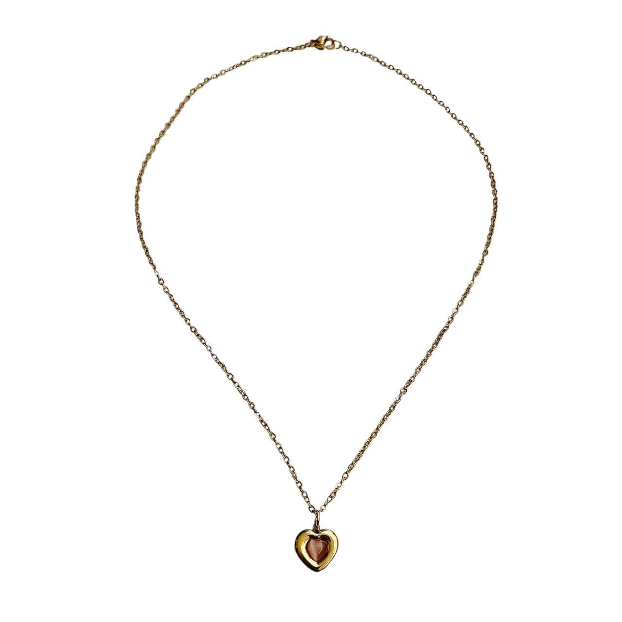gold pink cats eye heart necklace