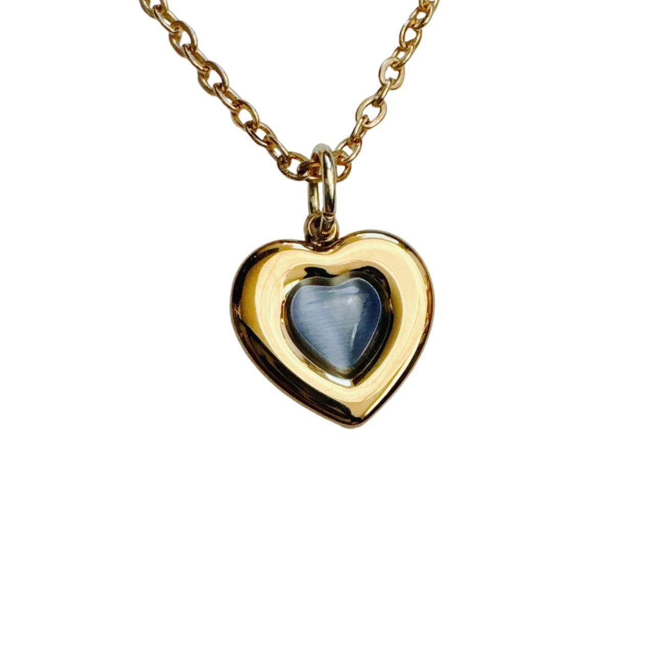 gold blue cats eye heart necklace