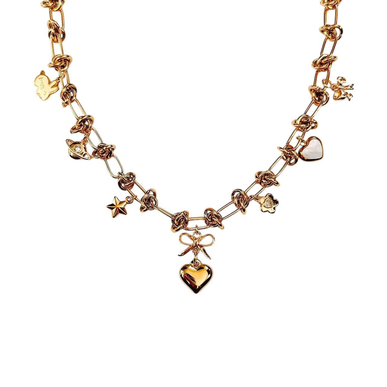 gold chainmail charm necklace - bow & heart