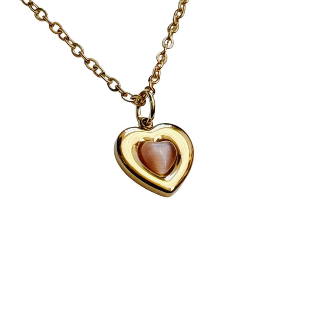 gold pink cats eye heart necklace