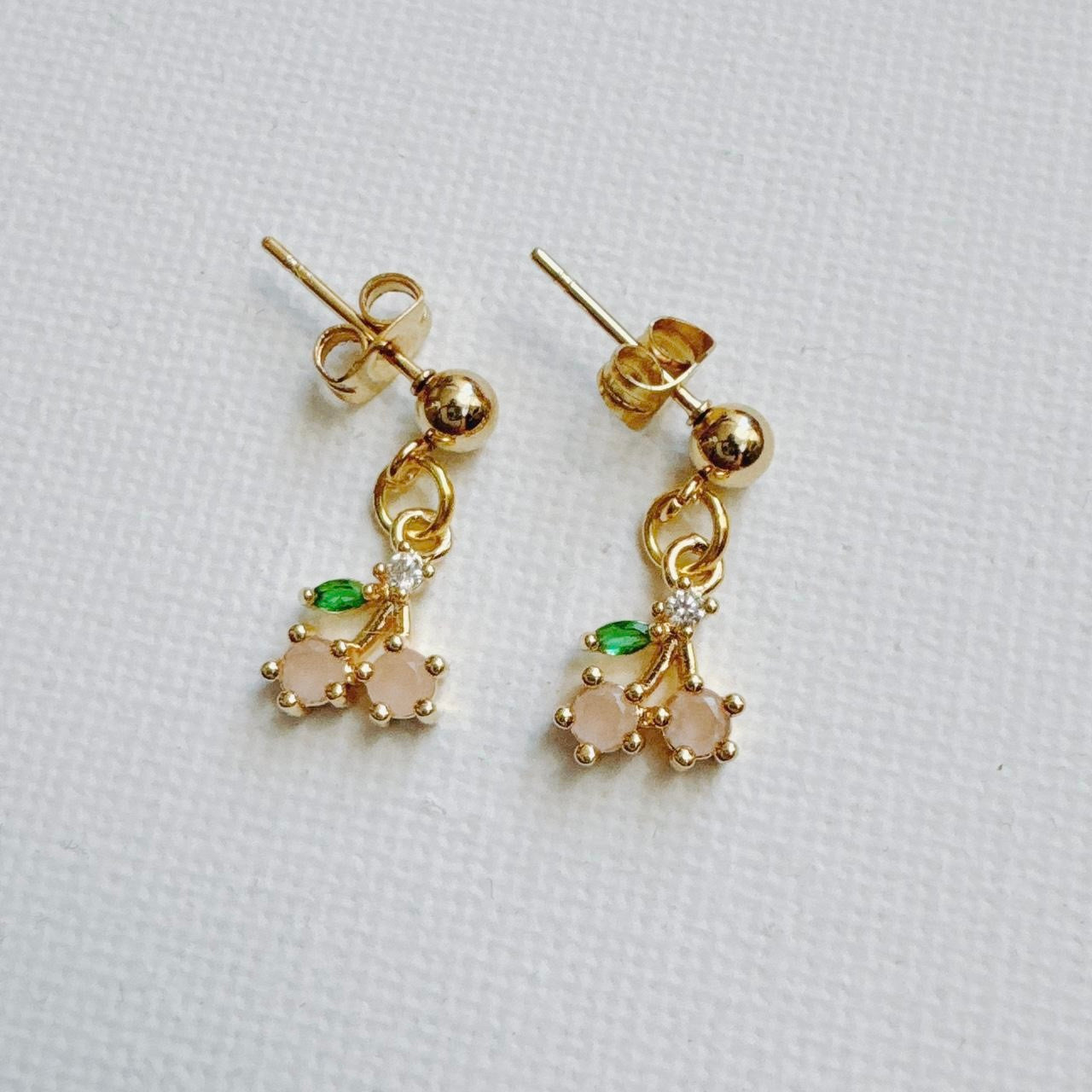 Gold Pink Cherry Earrings