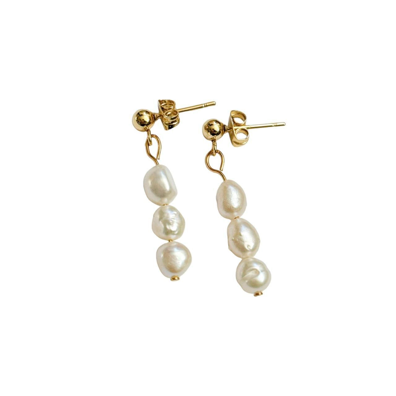 Gold Triple Freshwater Pearl Earrings