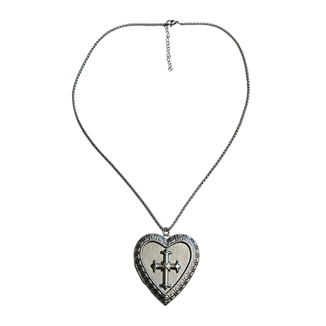 silver large heart cross locket necklace