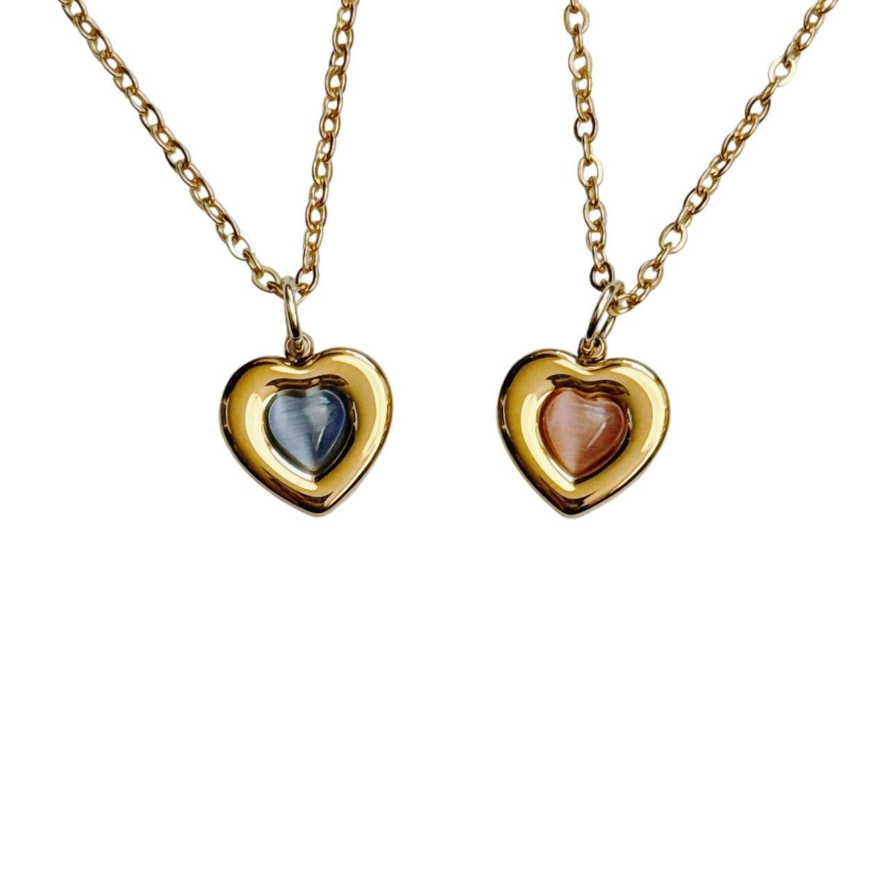 gold blue cats eye heart necklace