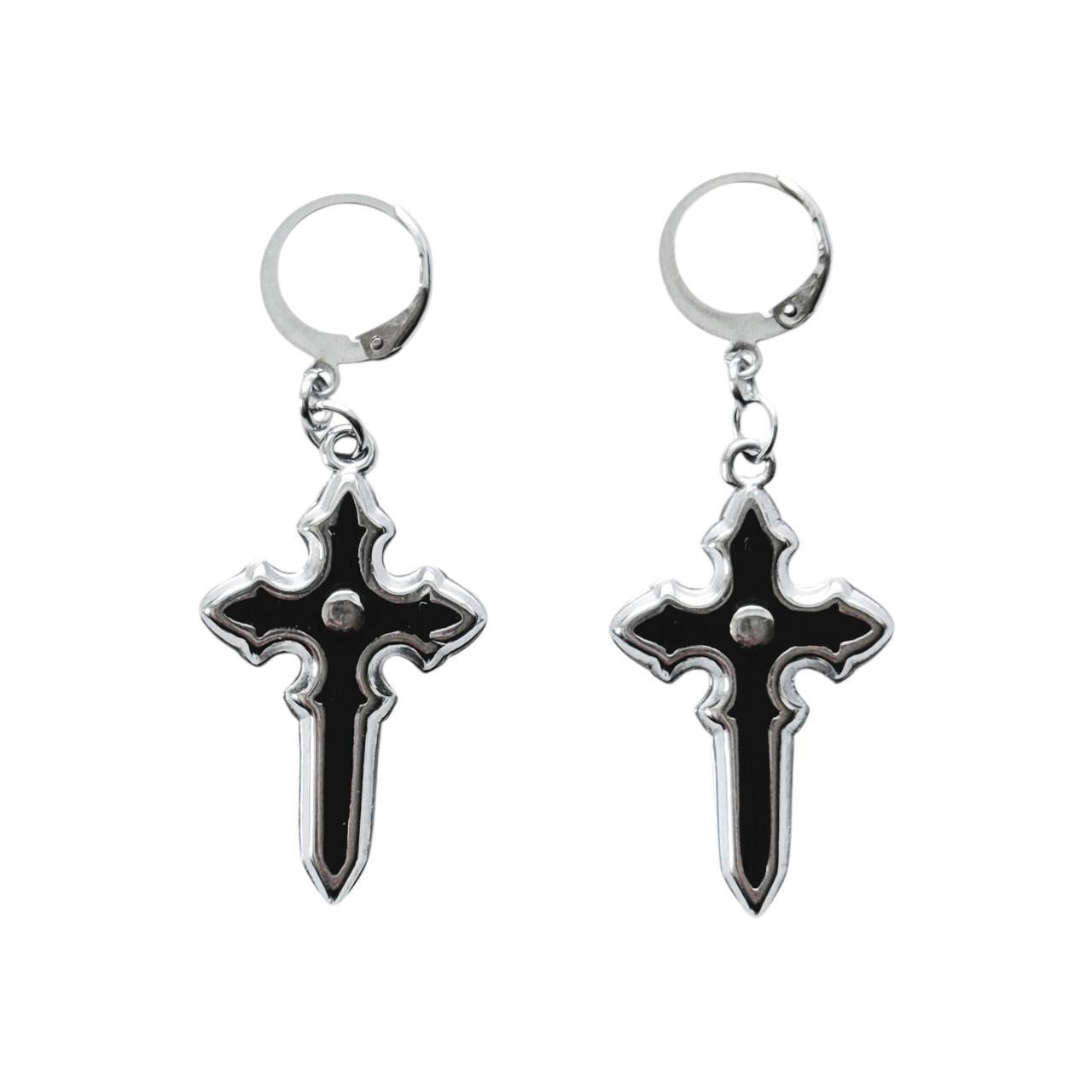 silver grunge cross earrings