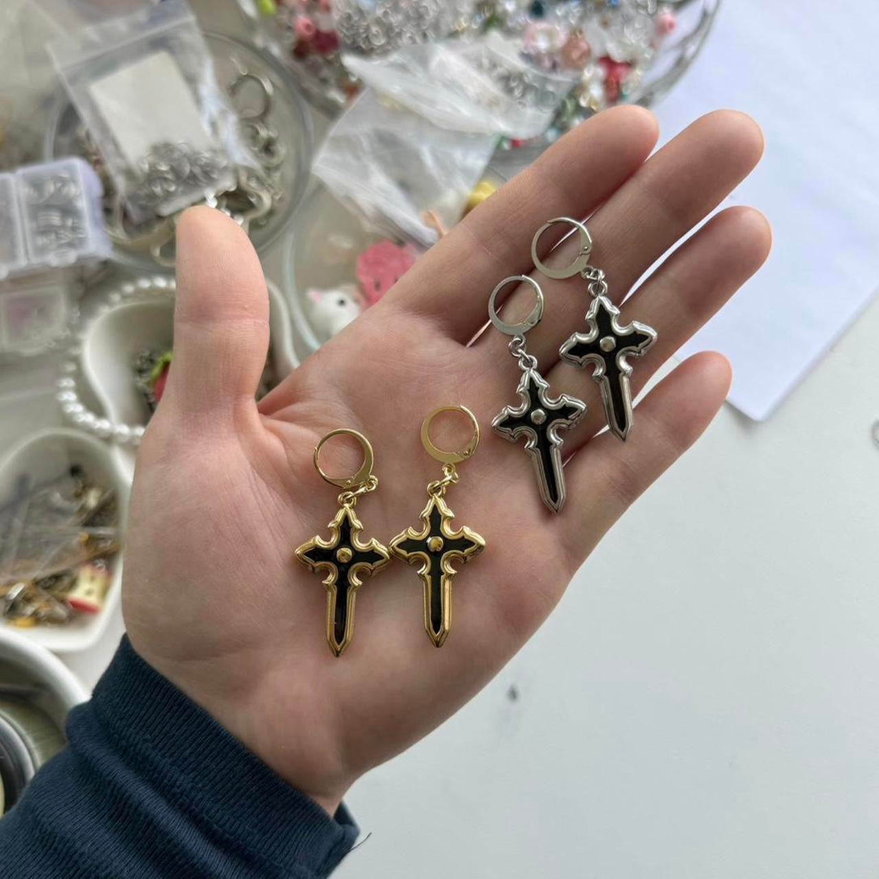 silver grunge cross earrings