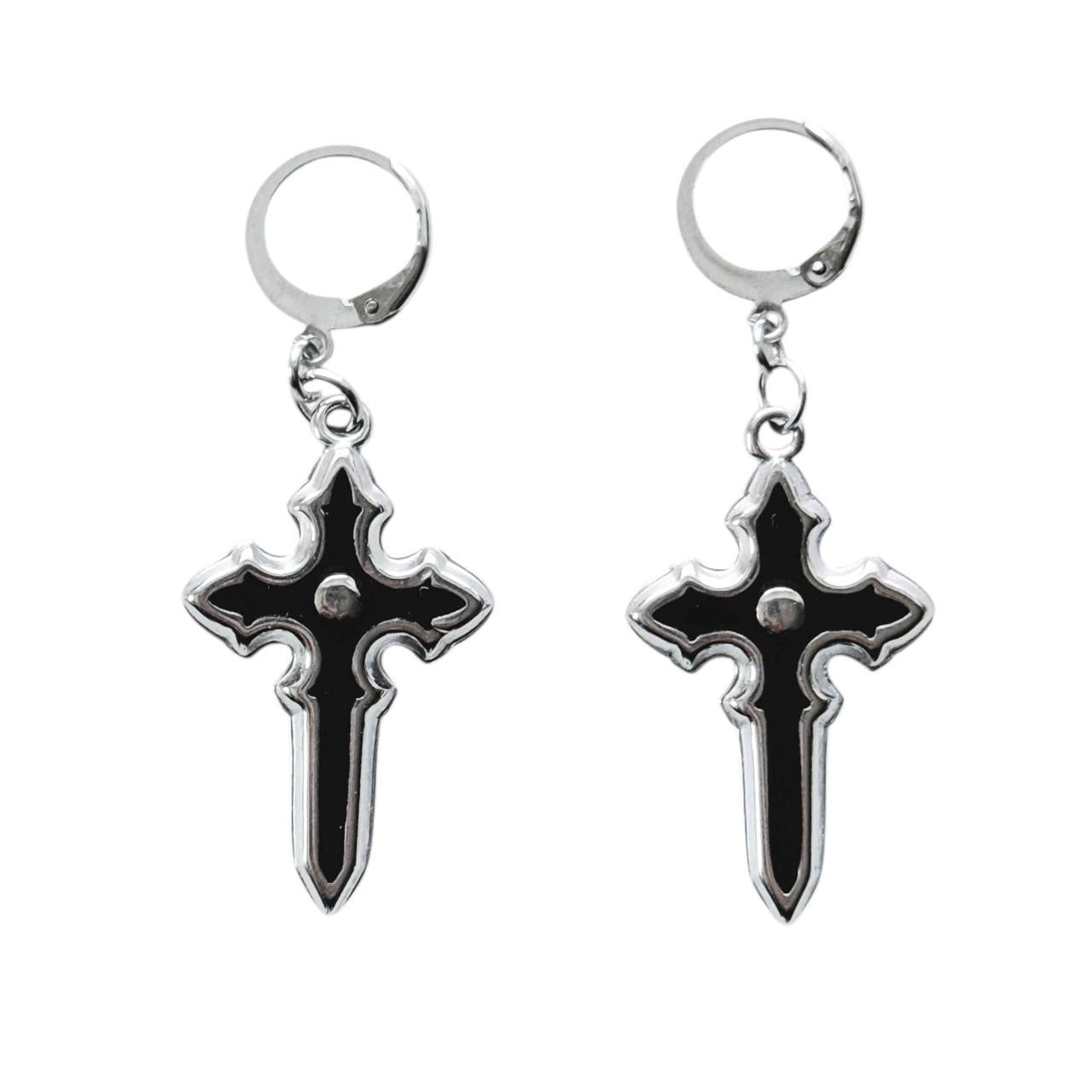 silver grunge cross earrings