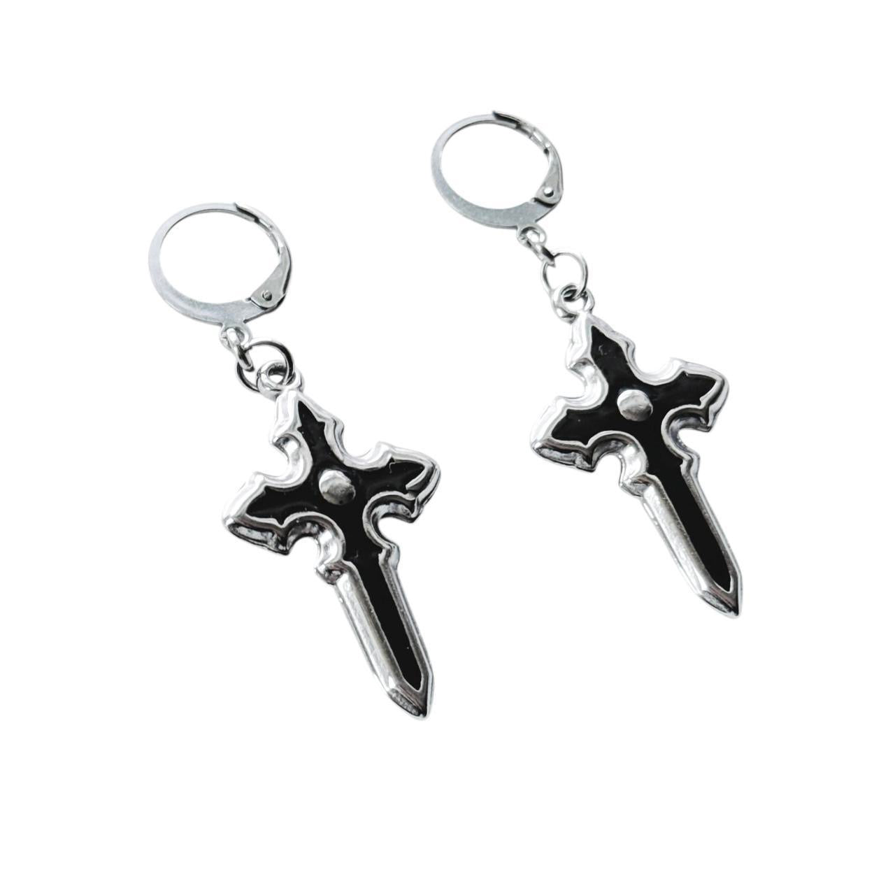 silver grunge cross earrings