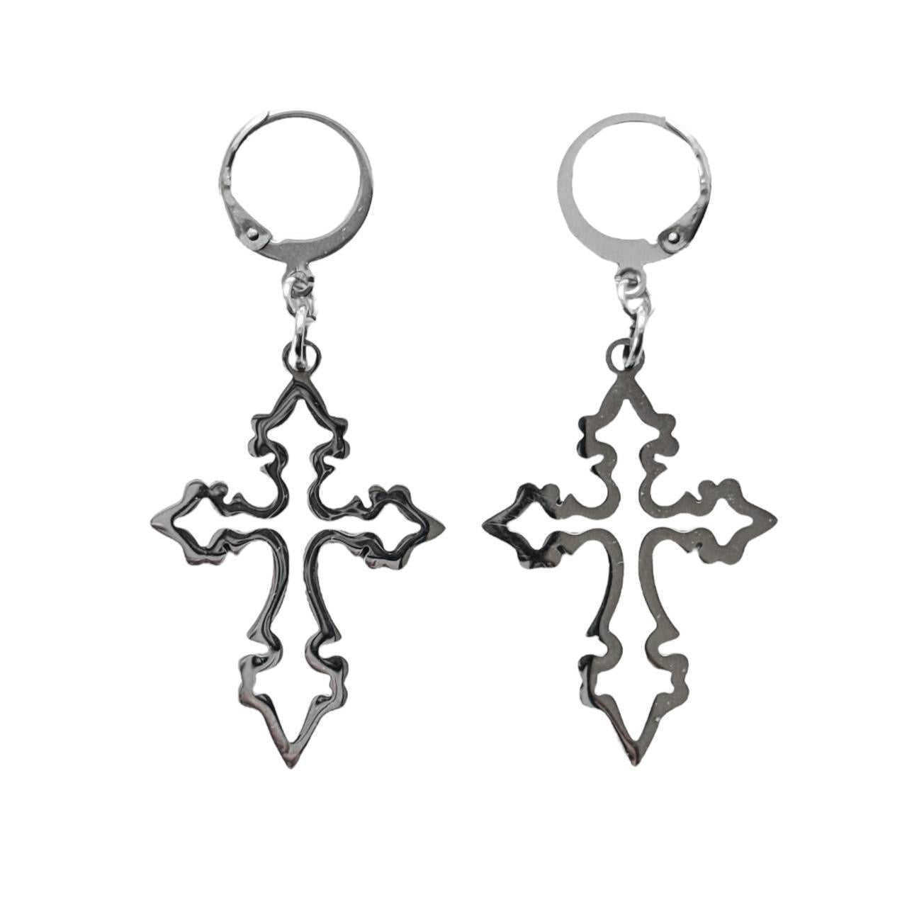 silver grunge hollow cross earrings