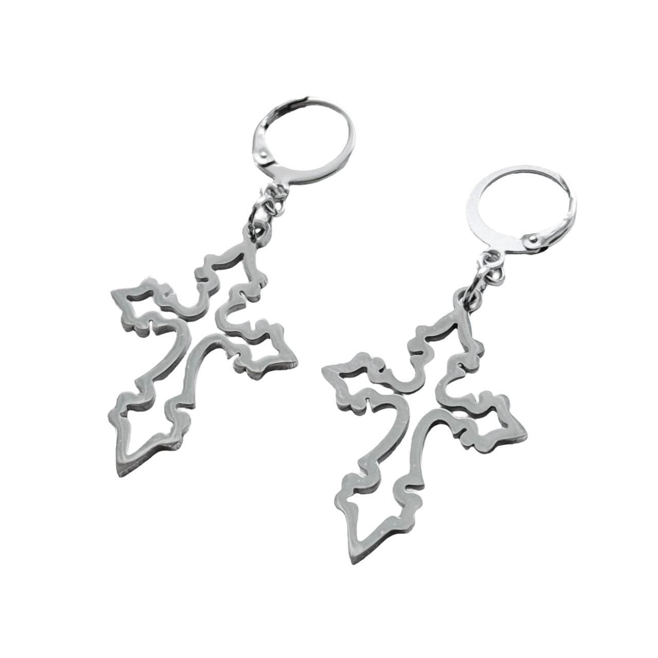 silver grunge hollow cross earrings