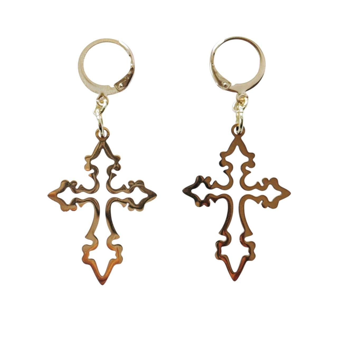 gold grunge hollow cross earrings
