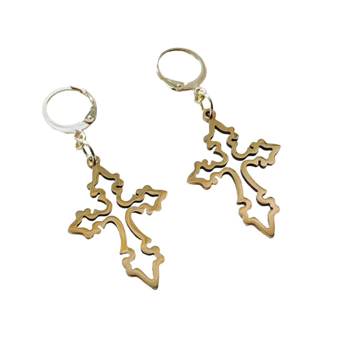 gold grunge hollow cross earrings