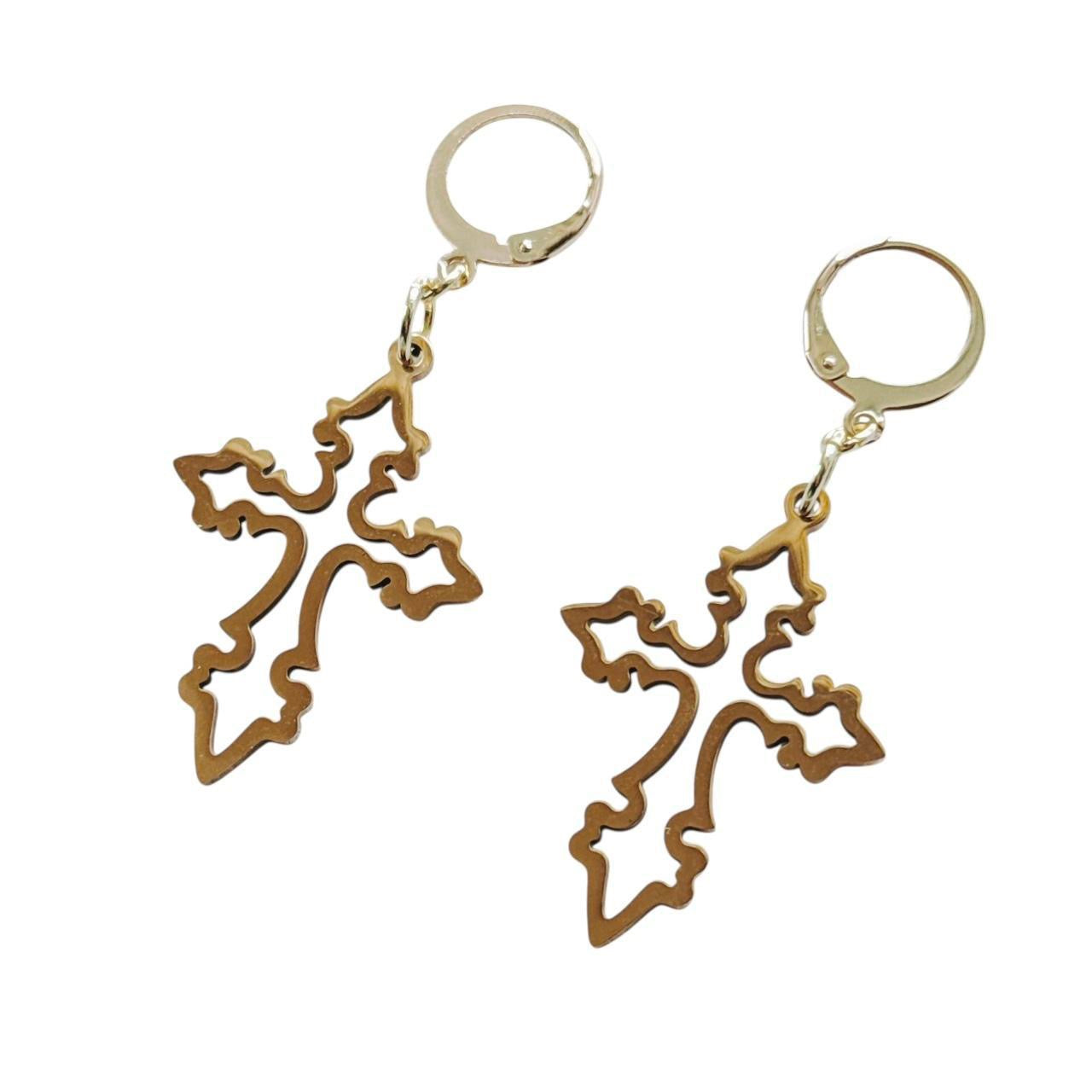 gold grunge hollow cross earrings