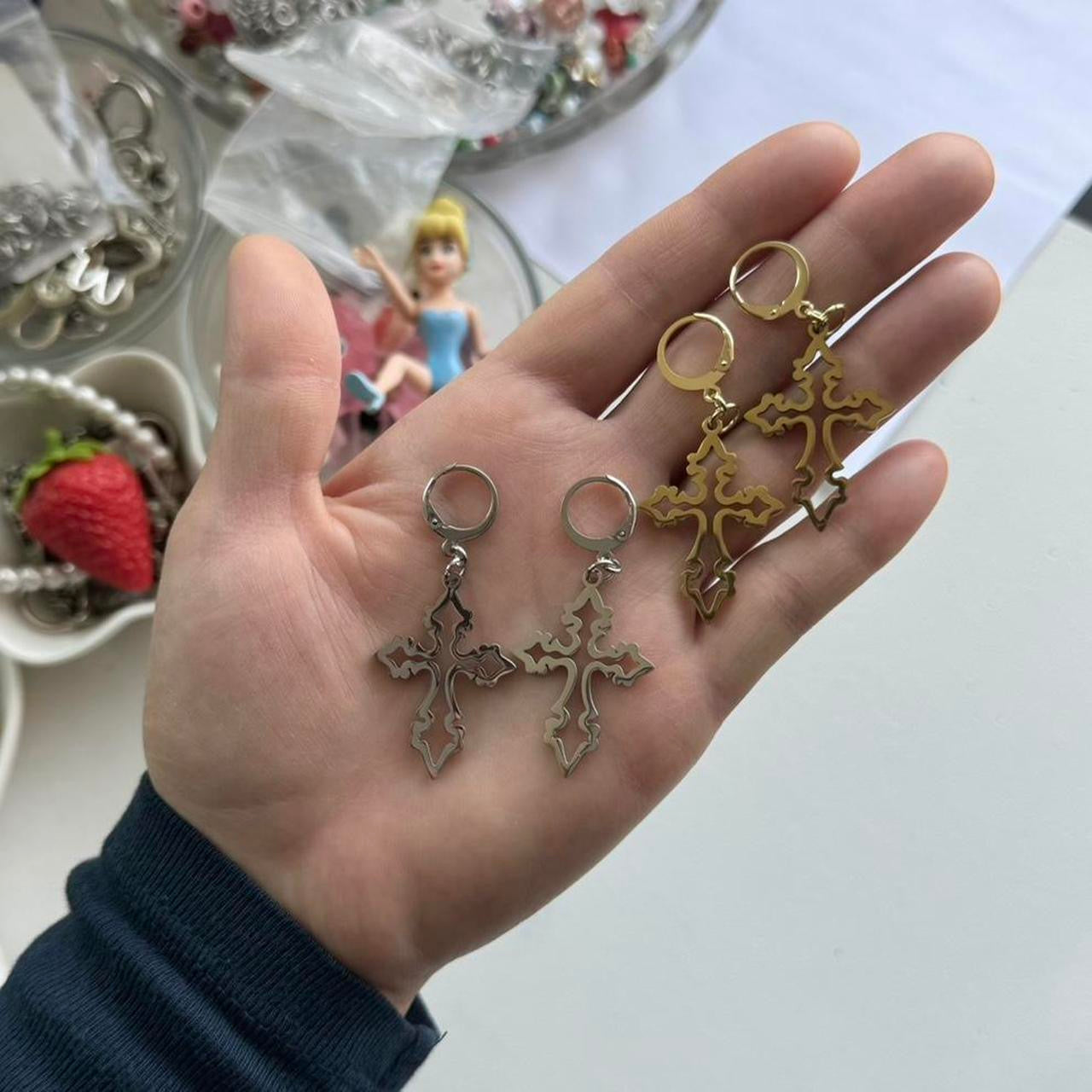 gold grunge hollow cross earrings