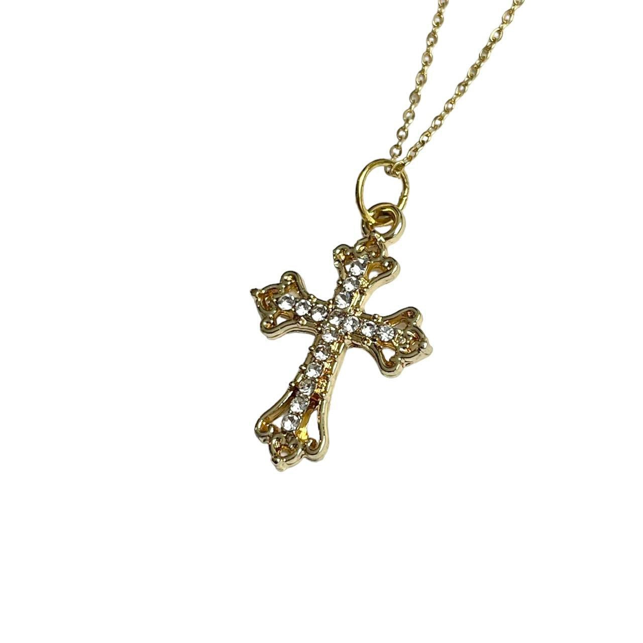 Gold Dainty Rhinestone Cross Necklace