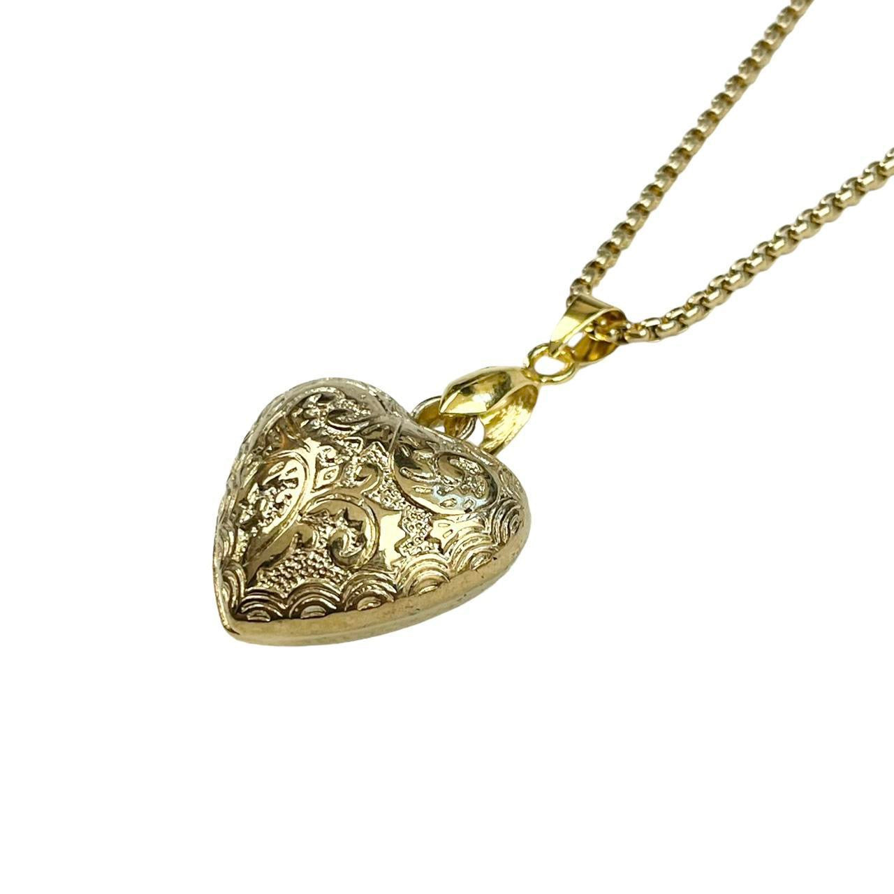 Gold Puffy Lace Heart Necklace