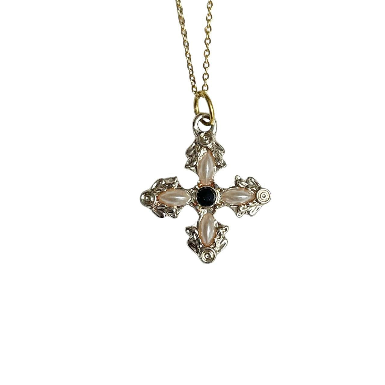 Gold Pearl Cross Necklace