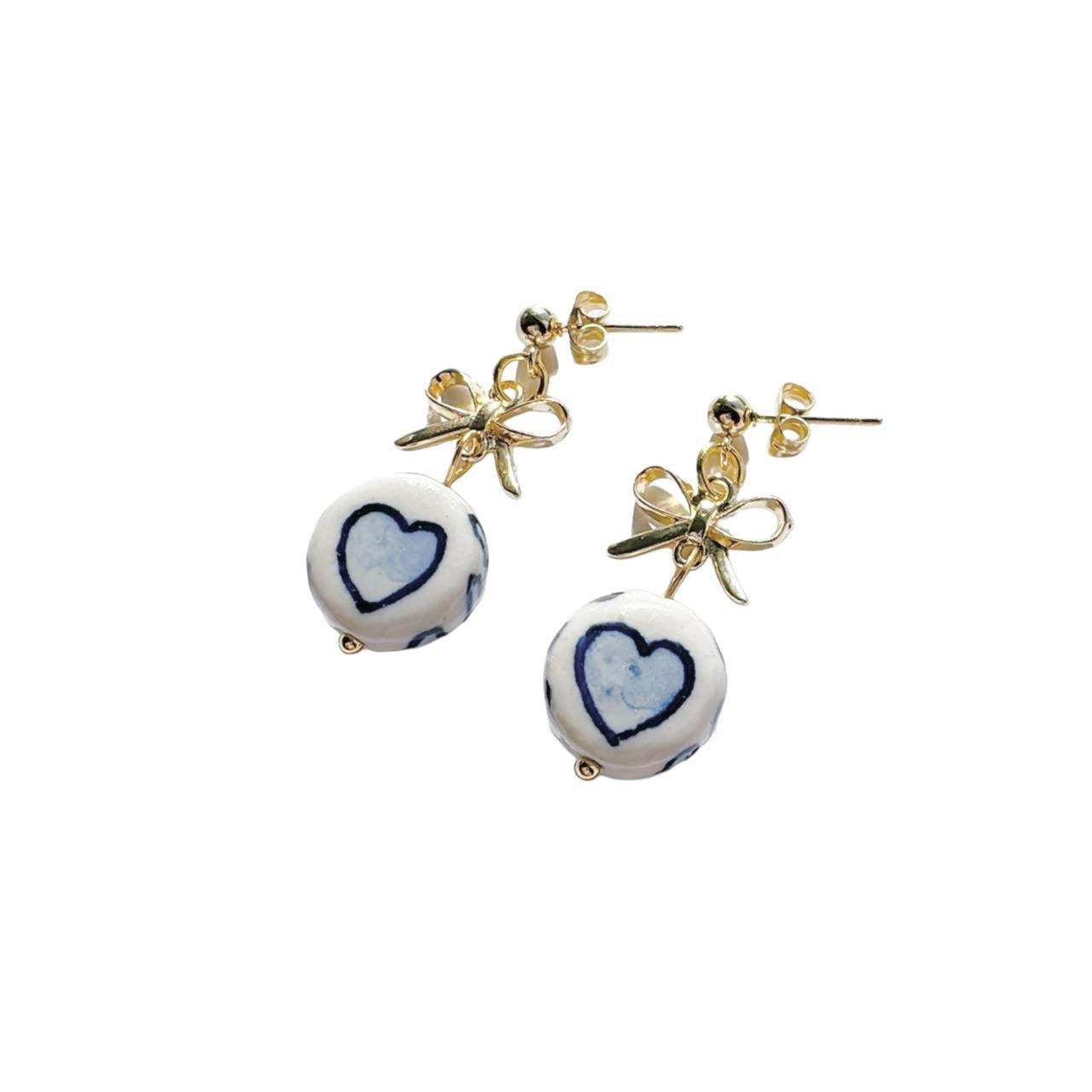 Gold Bow & Porcelain Heart Earrings