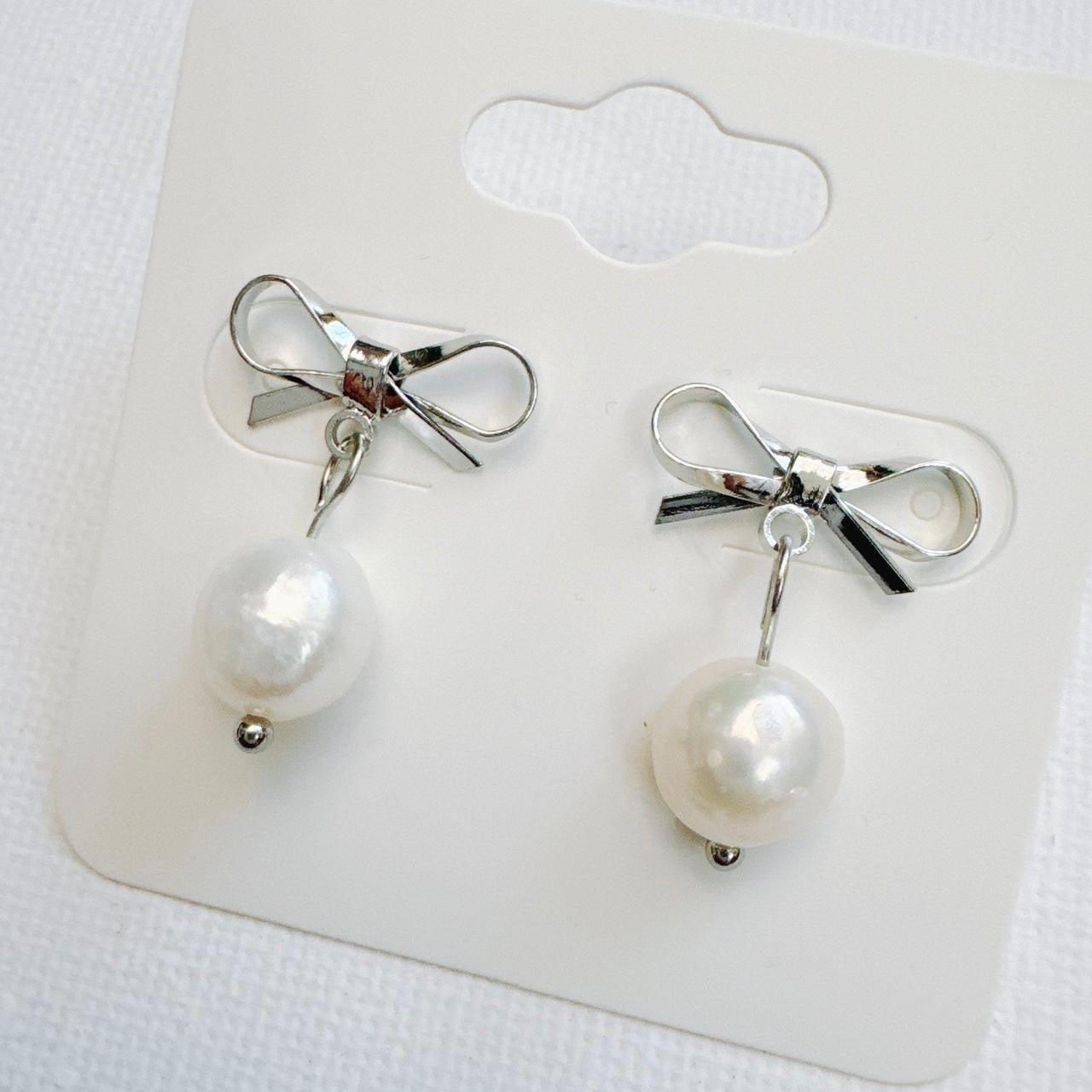 Silver Bow & Pearl Earrings