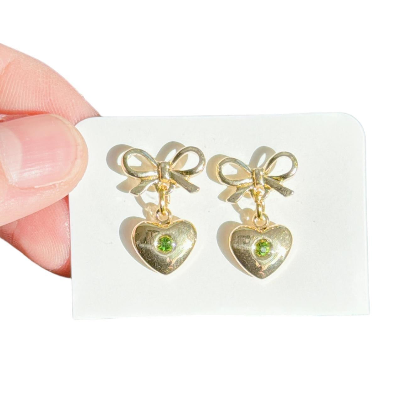 Gold Bow & Green Rhinestone Heart Earrings