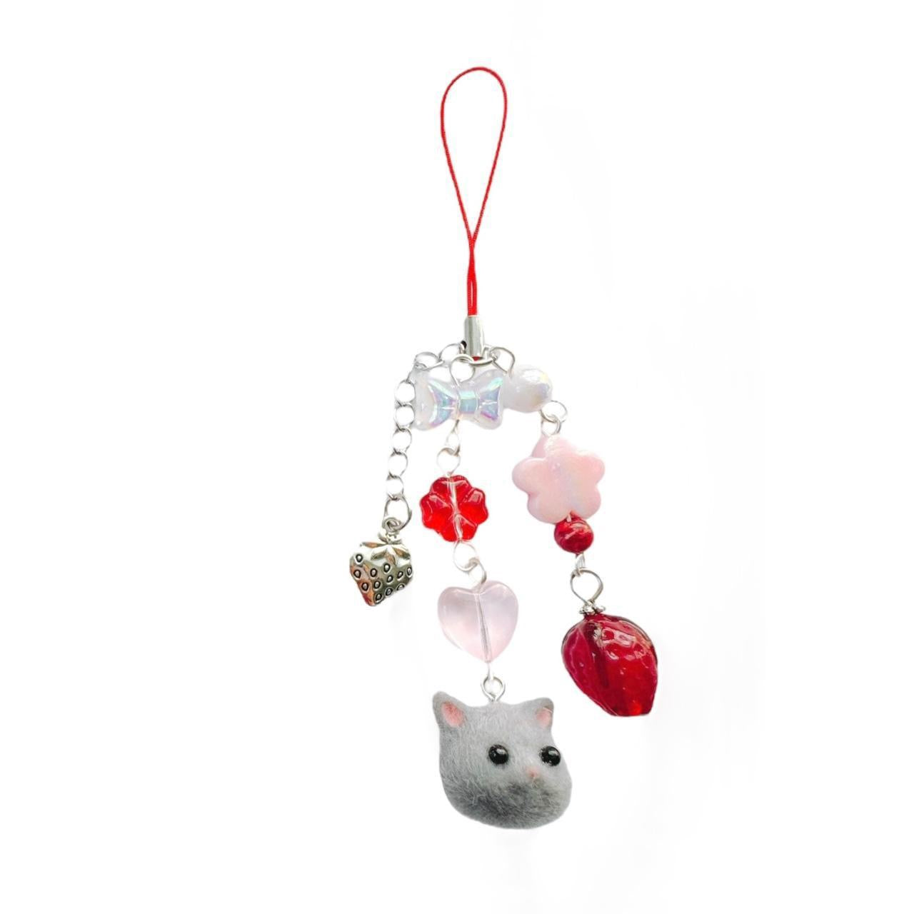 Grey Strawberry Cat Charm