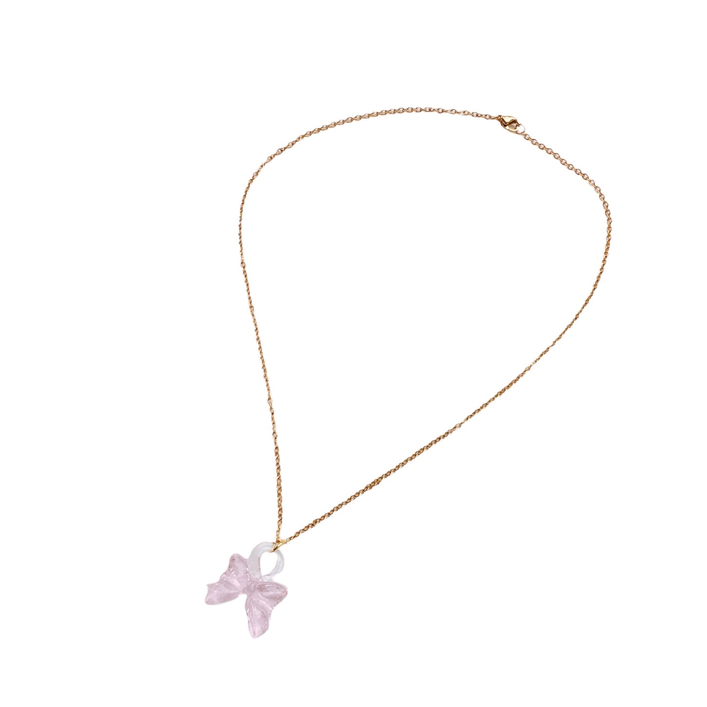 Gold Pink Glass Bow Necklace