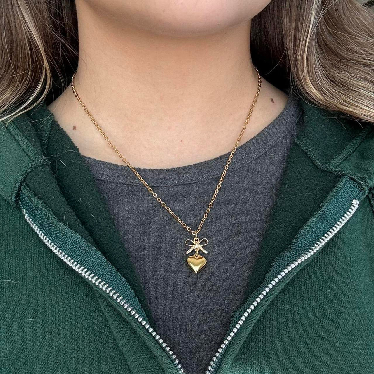 Gold Bow & Heart Necklace