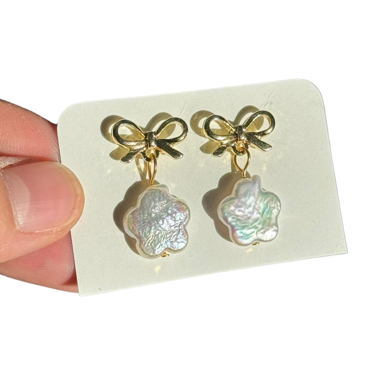 Gold Bow & Pearl Flower Earrings