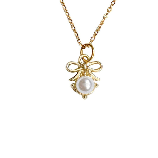 Gold Bow & Pearl Necklace