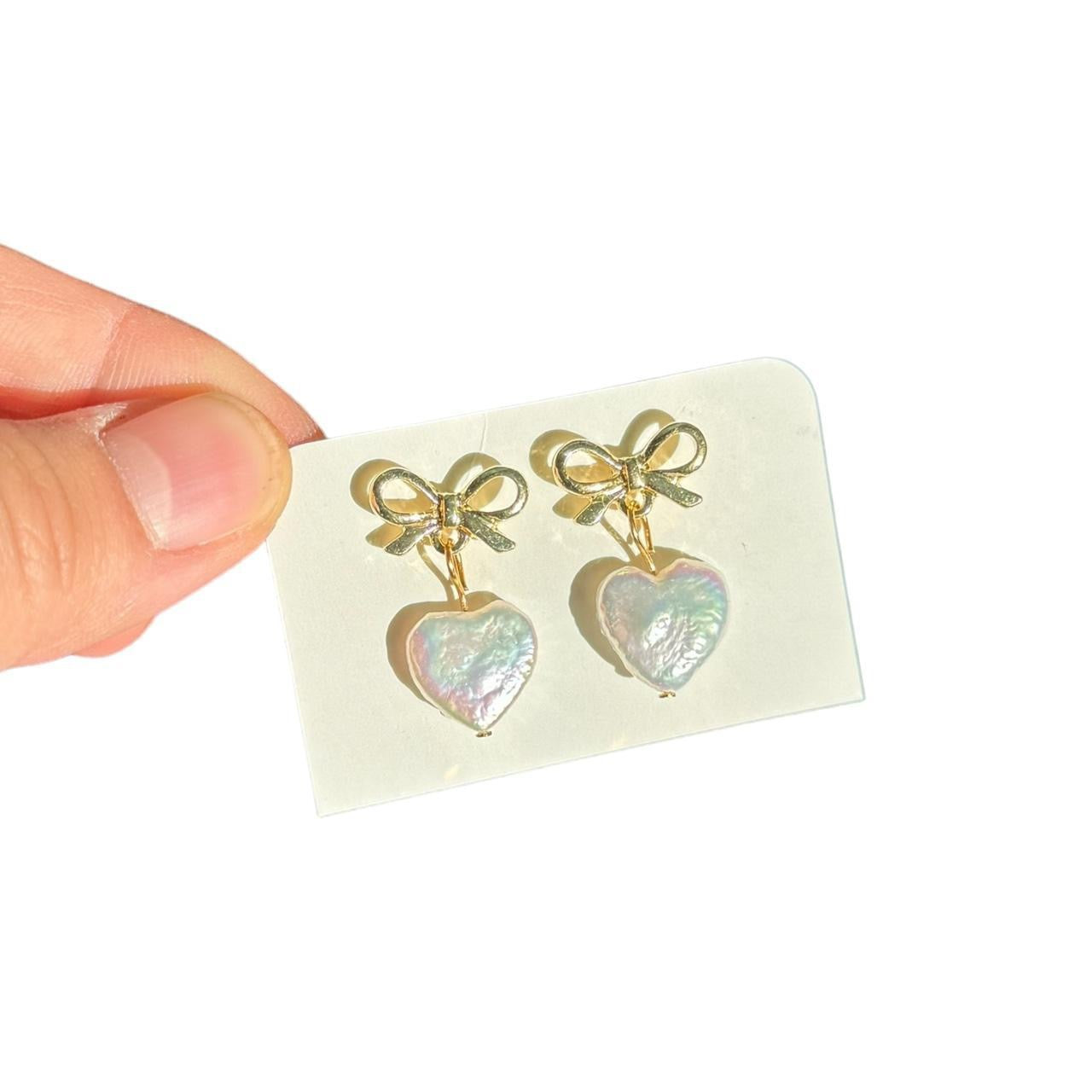 Gold Bow & Pearl Heart Earrings