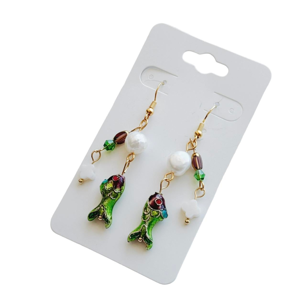 gold beaded fish earrings - purple