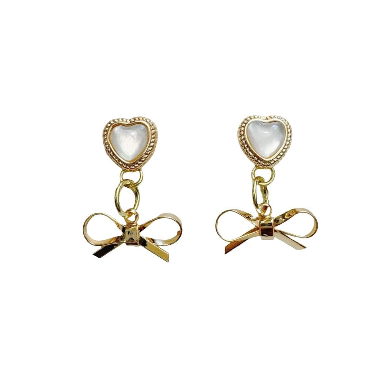 gold shell heart & bow earrings