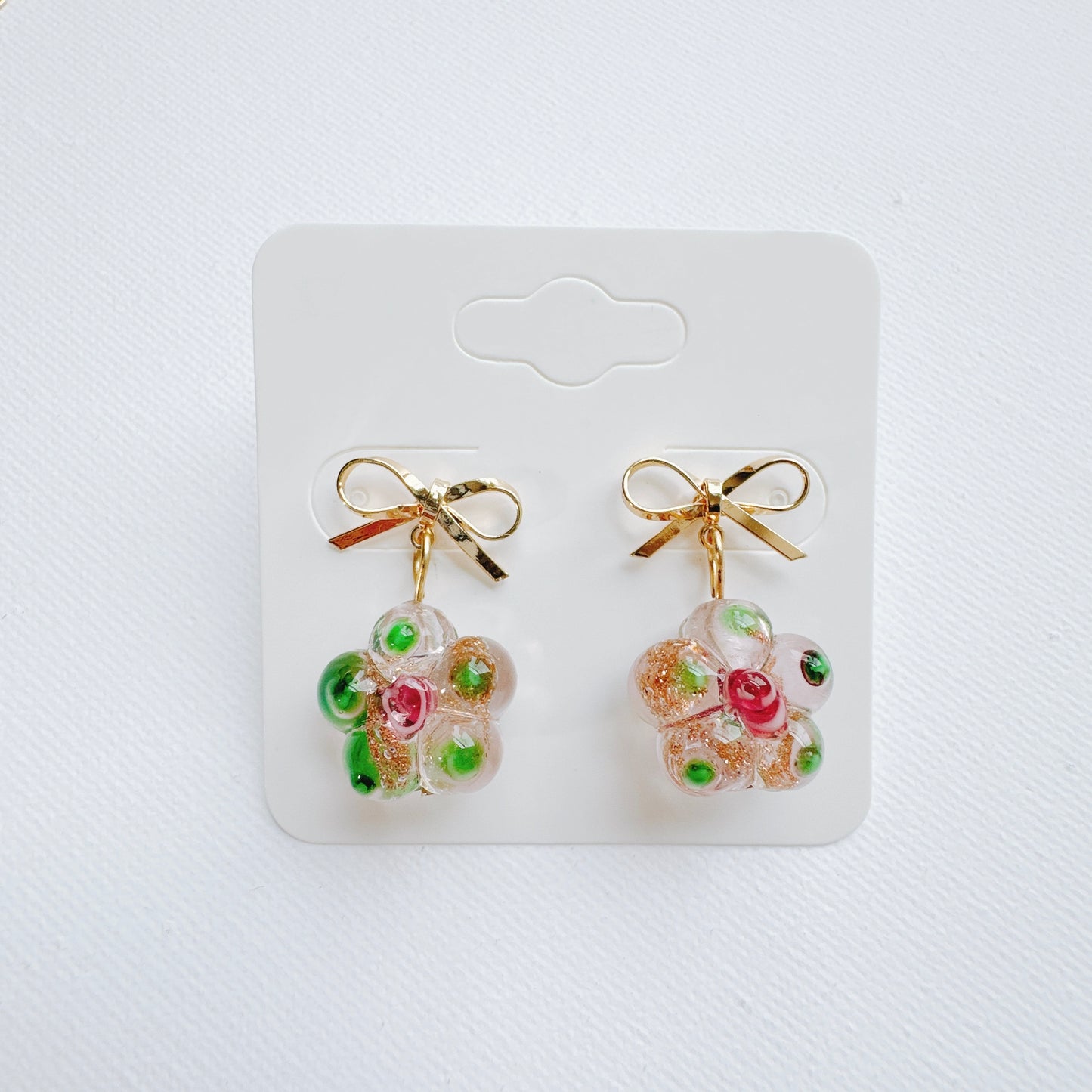 Gold Bow & Glass Flower Earrings