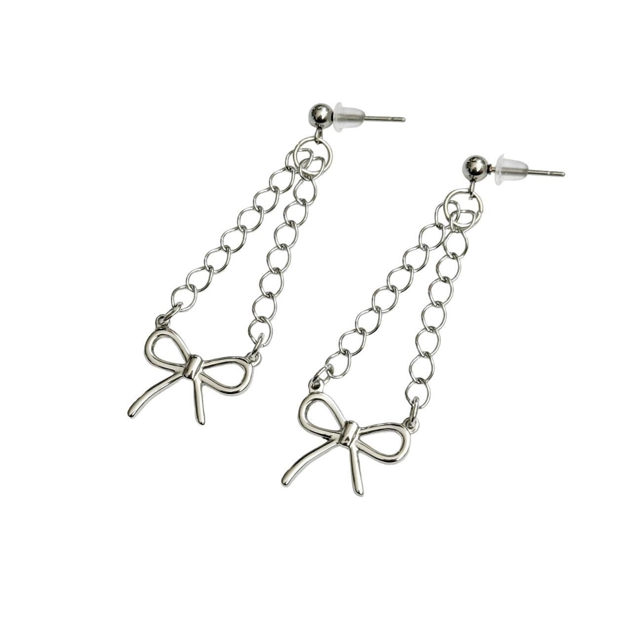 Silver Bow Chain Earrings ౨ৎ