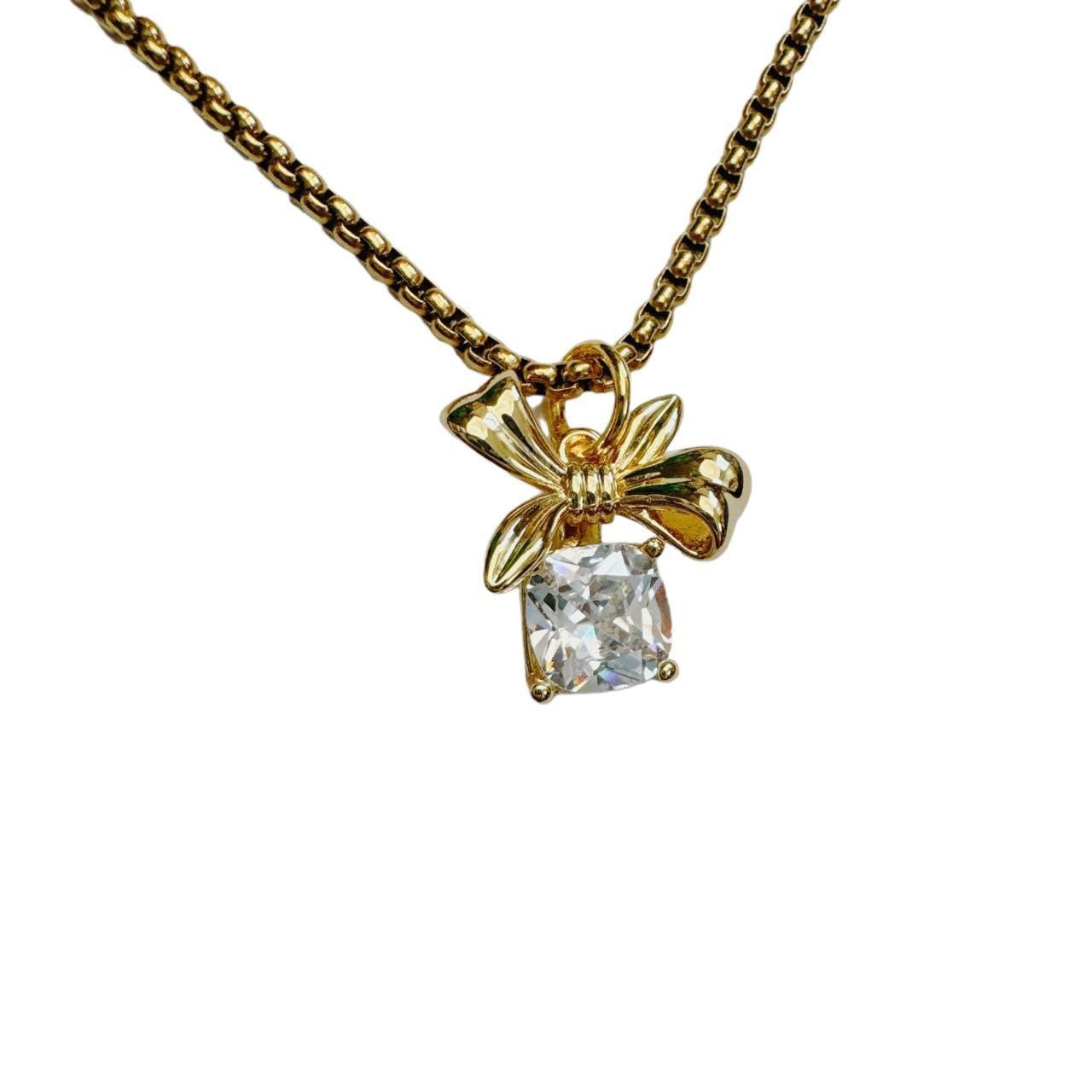 Gold Rhinestone Bow Necklace