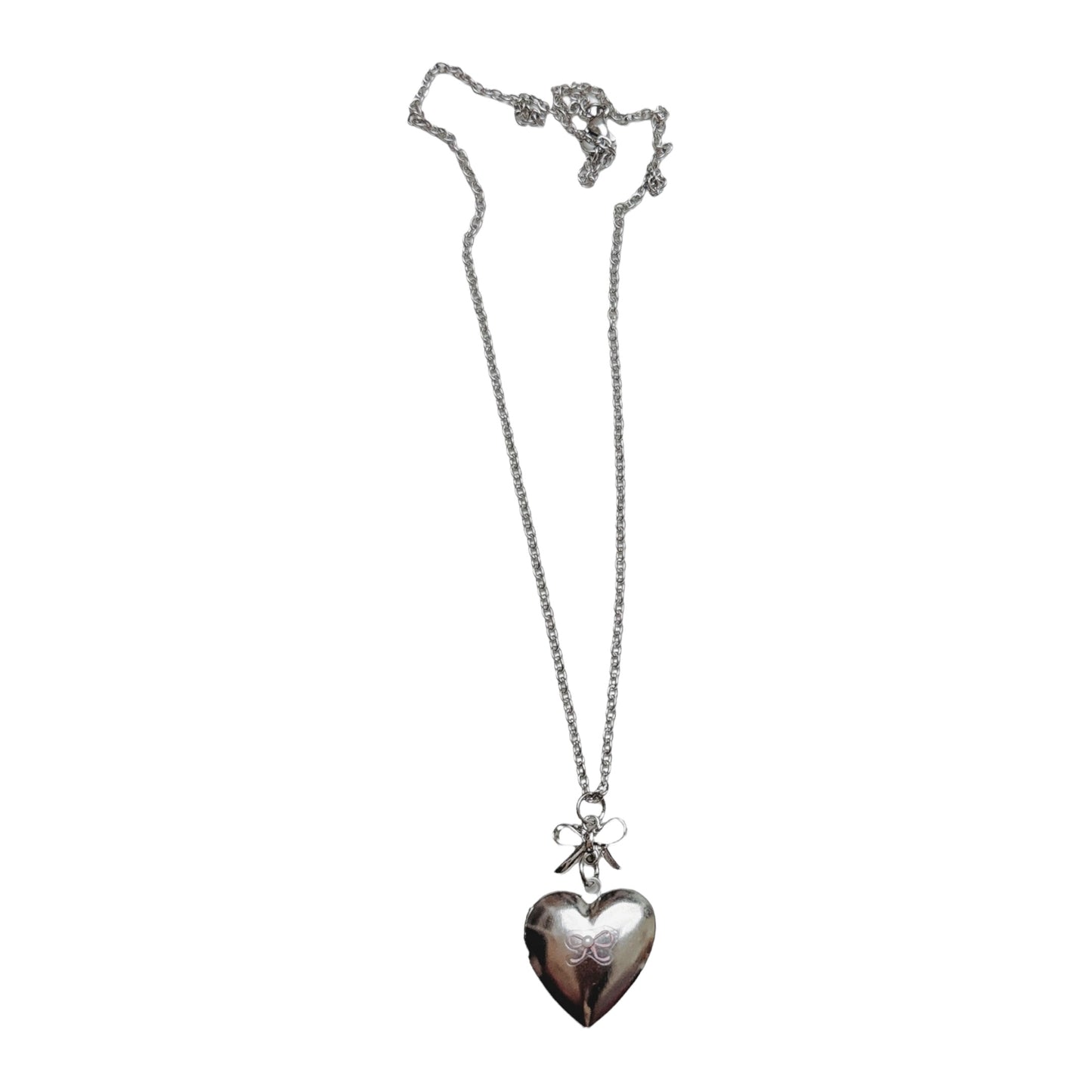 Silver Bow & Heart Locket - small pink bow version