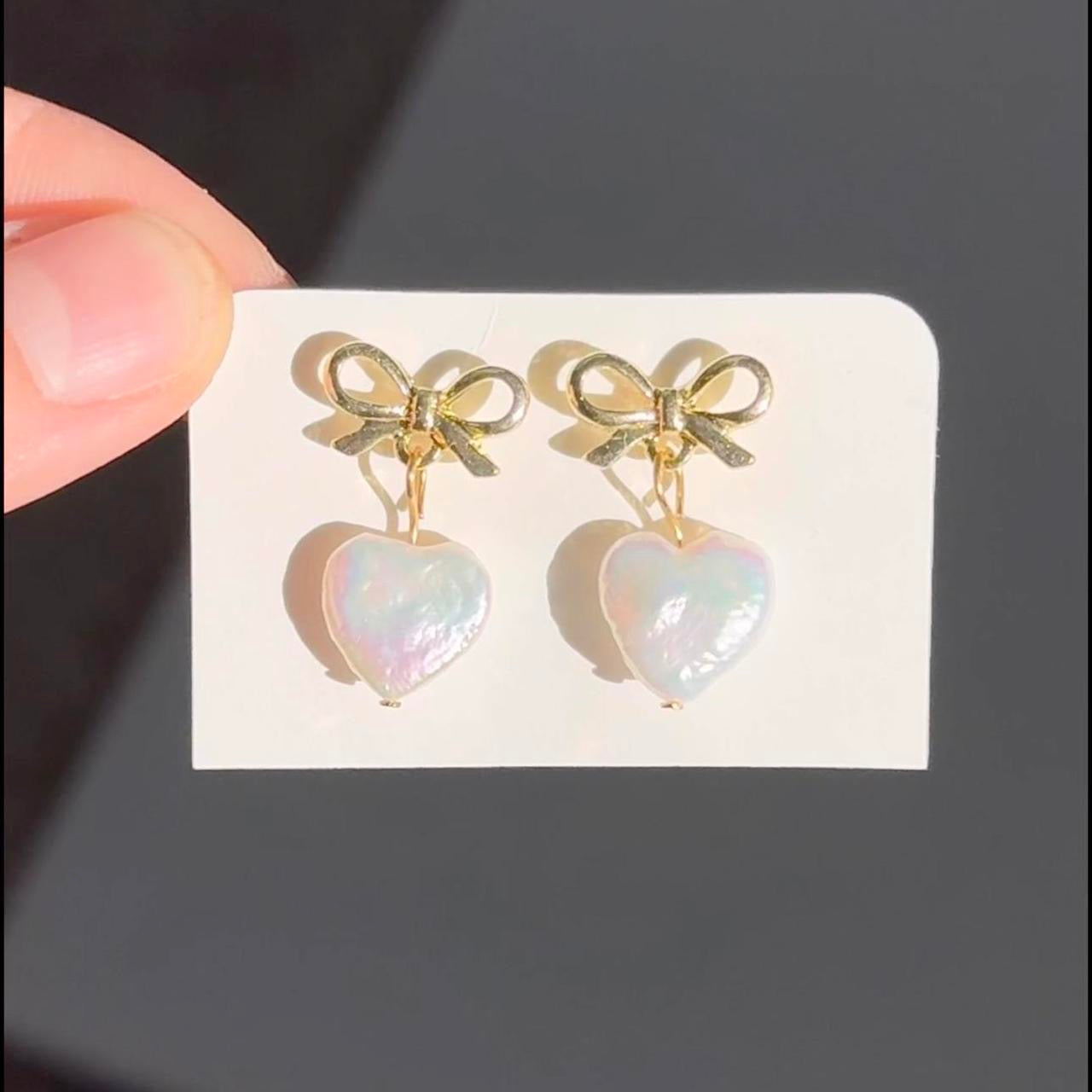 Gold Bow & Pearl Heart Earrings