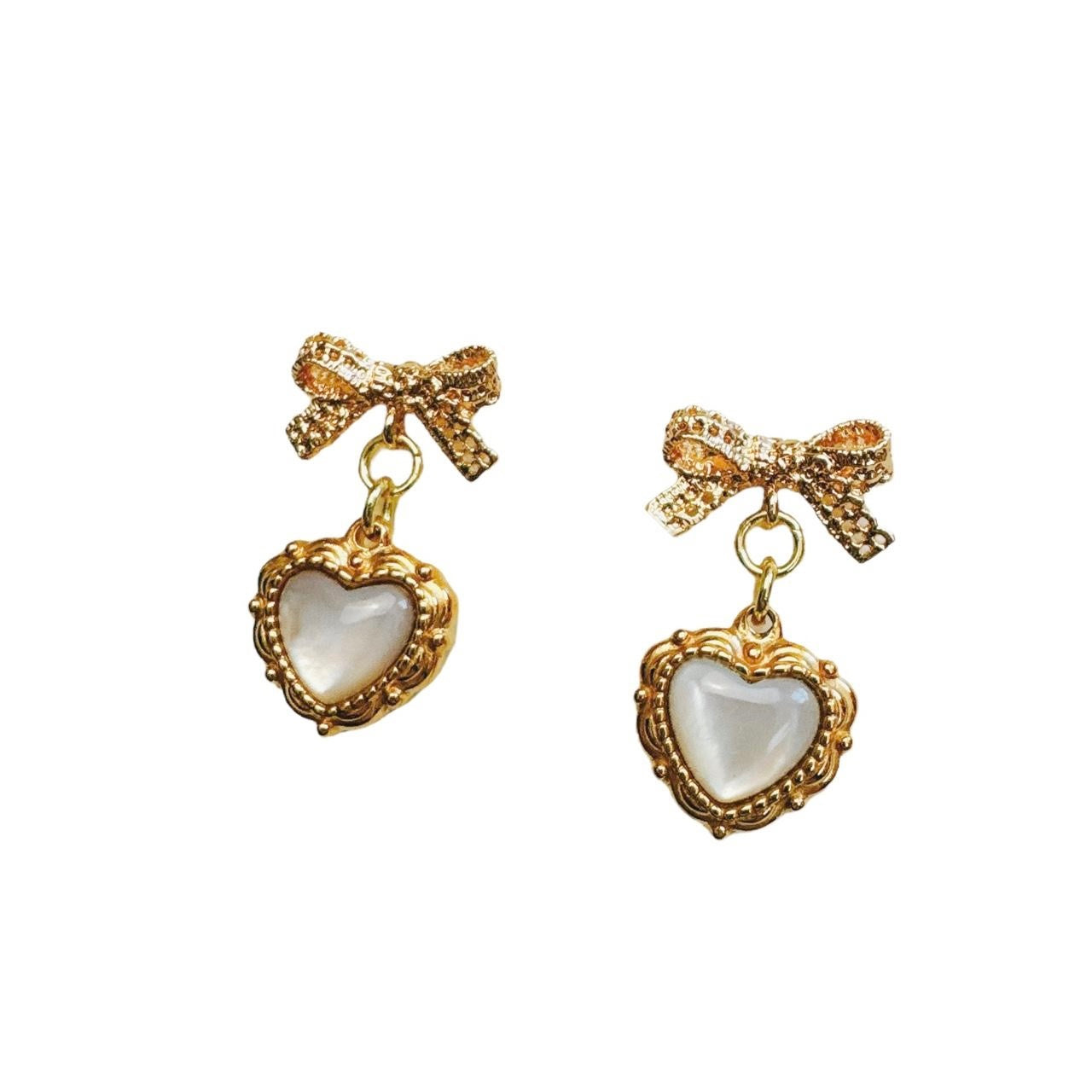 lace gold bow & shell heart earrings