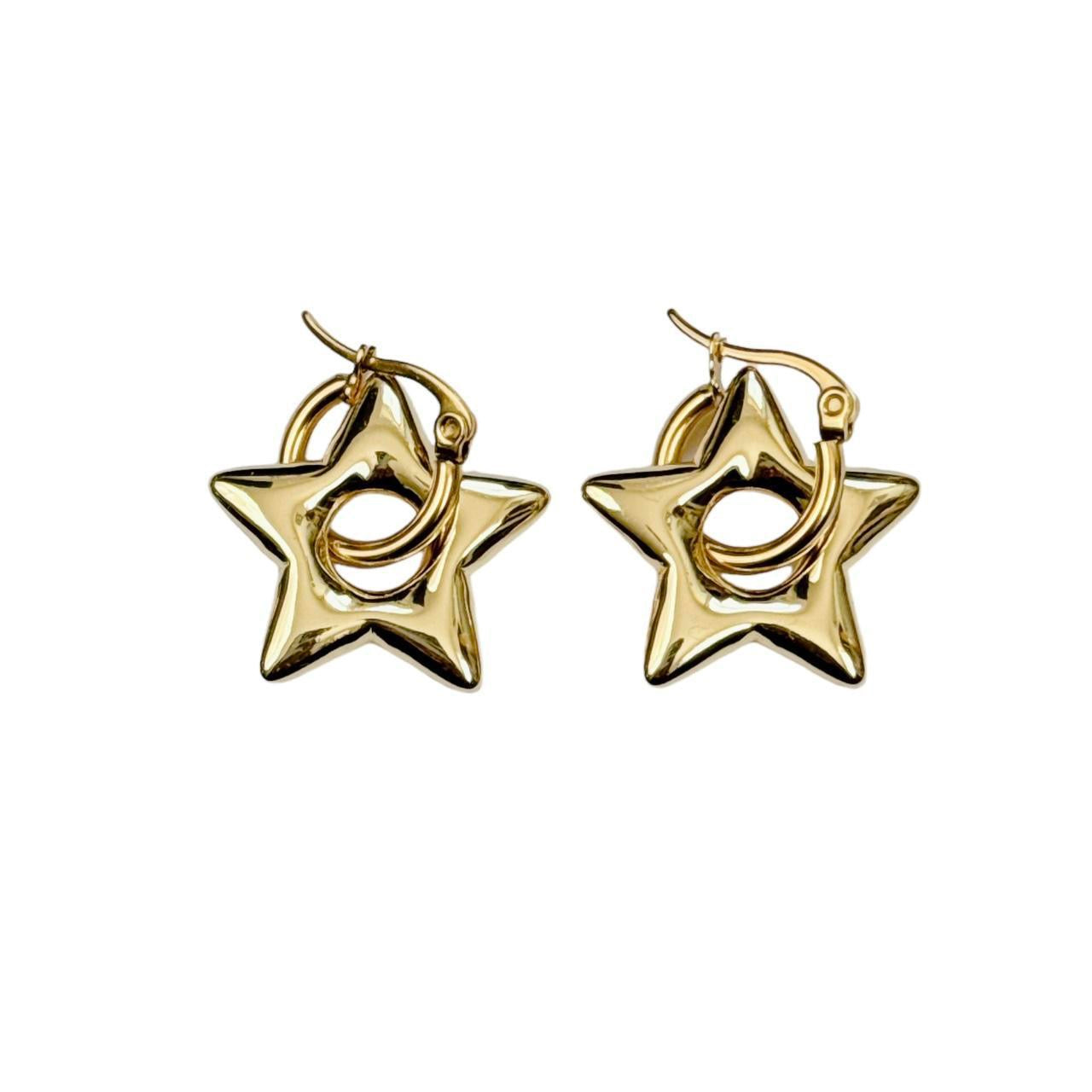 Gold Puffy Star Hoop Earrings