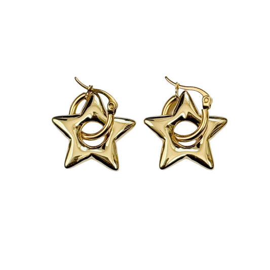 Gold Puffy Star Hoop Earrings