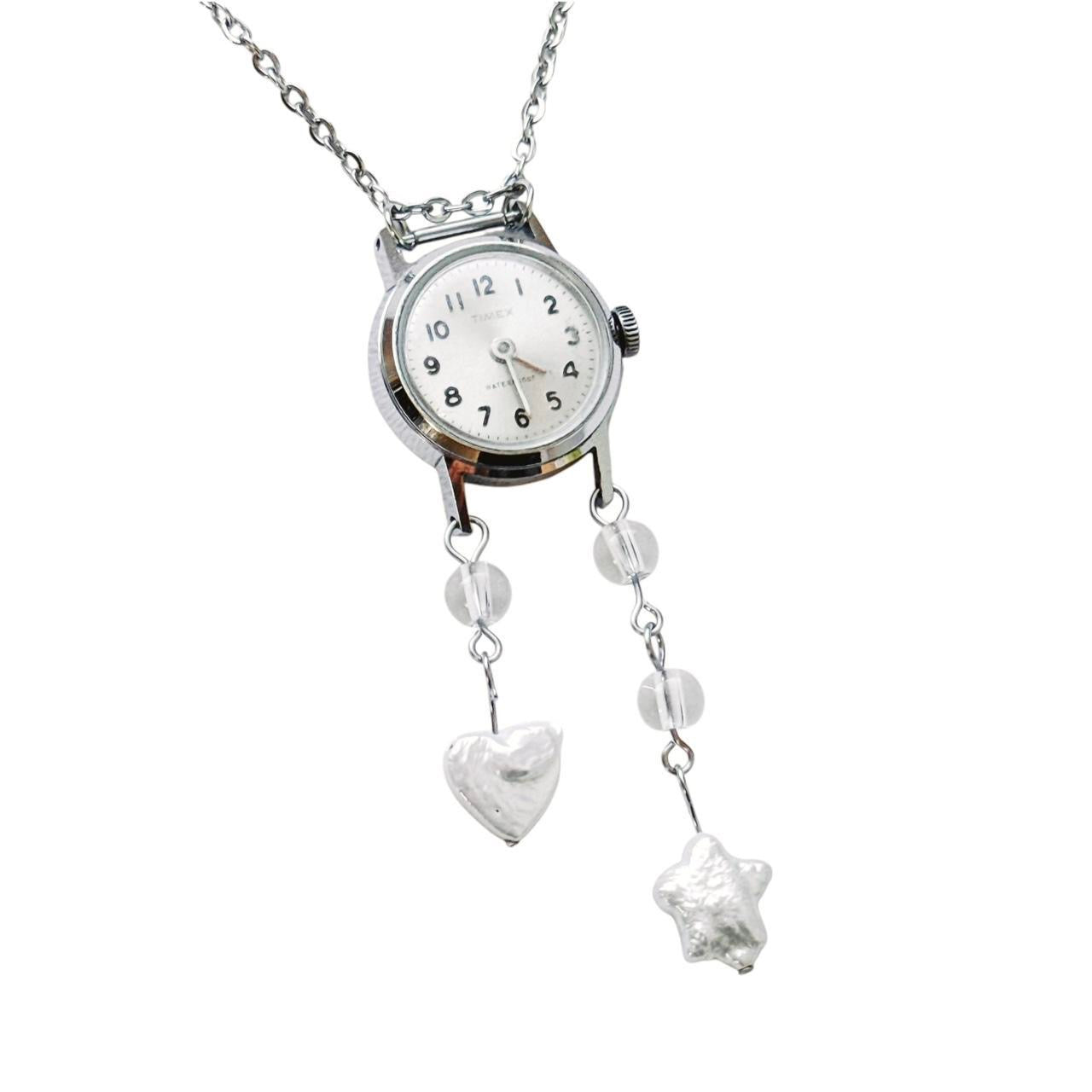 silver pearl watch necklace